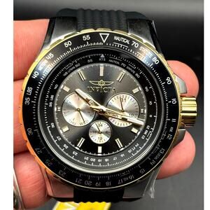 Invicta 33029 Aviator Skyshock Men’s Black Dial Gold Bezel Silicone Watch NIBWT
